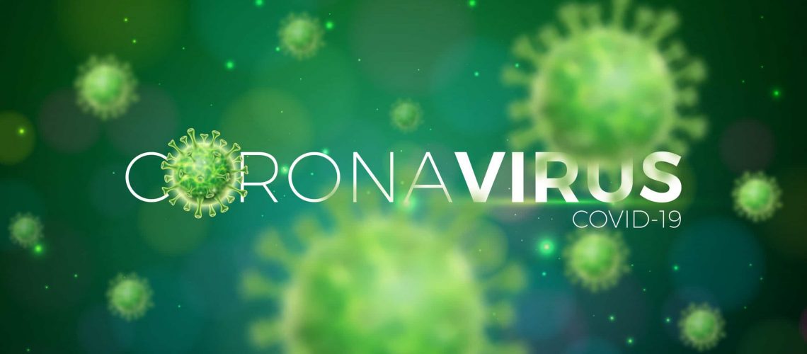 Covid-19. Coronavirus Outbreak Design with Virus Cell in Microscopic View on Green Background. Vector Illustration Template on Dangerous SARS Epidemic Theme for Promotional Banner or Flyer